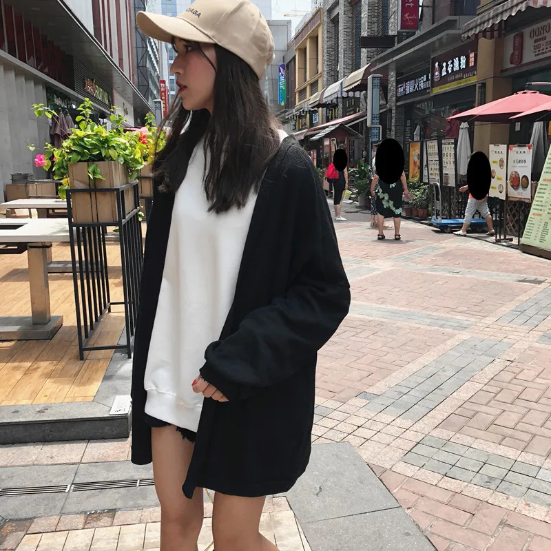 Весенне-осенний вязаный женский свитер Harajuku wind BF, Длинные повседневные кардиганы, новая мода, длинный рукав, одноцветное свободное Женское пальто
