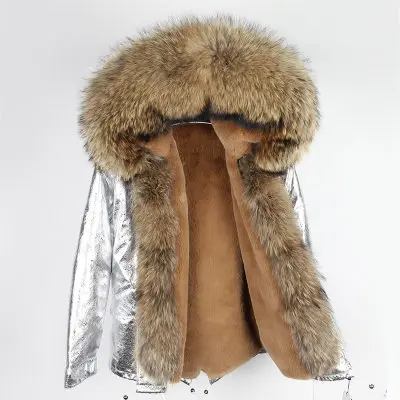 OFTBUY, новинка, розовая Зимняя куртка, Женская длинная парка, пальто с натуральным мехом енота, большой воротник, парка с капюшоном, теплая верхняя одежда - Цвет: short silver natural