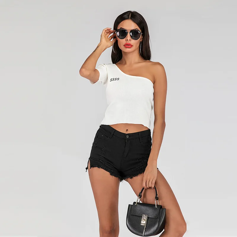 Женская однотонная белая футболка с косым воротником и коротким рукавом | одежда