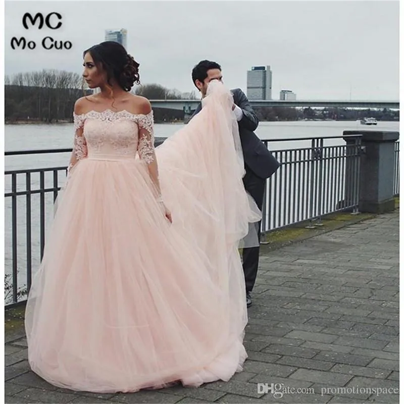 

Blush Pink Long Sleeves Wedding Dresses 2018 Off Shoulder Appliques Lace Bridal Gowns Sweep Train Plus Size Vestido de noiva