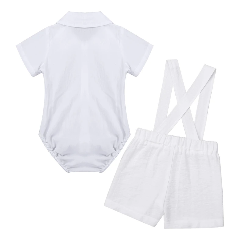Infant Baby Boys Baptism Outfit Short Sleeve Lapel Jumpsuit with Bow Tie Suspender Linen Set party wedding birthday clothes |