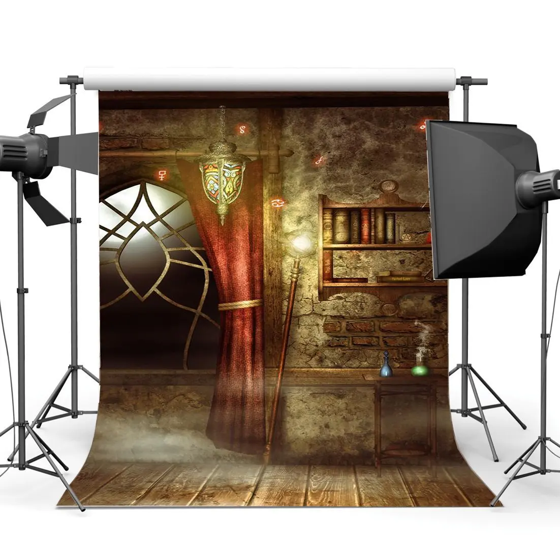 

Photography Backdrops Halloween Horror Night Arch Window Lantern Red Curtain Wood Floor Background