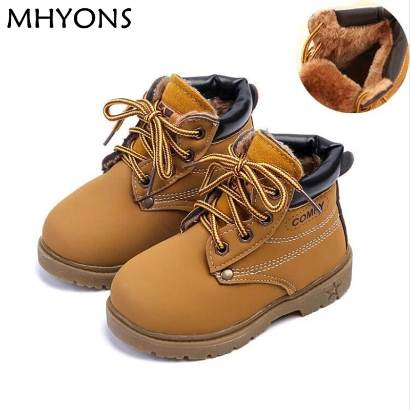 MHYONS/зимние теплые детские ботинки для мальчиков и девочек на весну и осень ботинки на плоской подошве, размеры 21-30