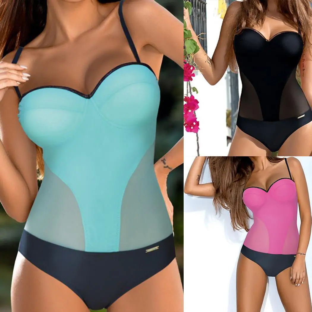 Женская однотонная одежда для плавания на тонких бретельках с сеткой из кусков