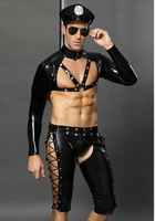kh62 2018 police men faux leather sexy cosplay costume america policemen long sleeves open front shirt tops short pants hat set