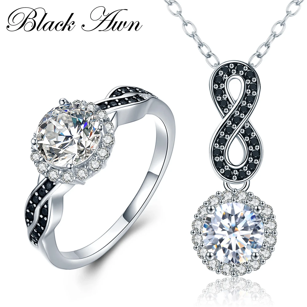 

[BLACK AWN] 925 Sterling Silver Fine Jewelry Sets Trendy Engagement Sets Wedding Ring+Earring for Women PR036