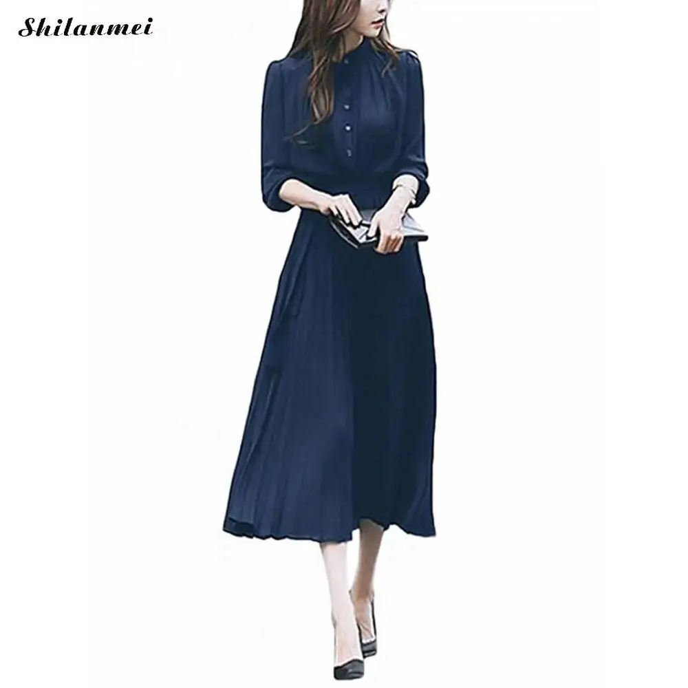 navy blue Осень весна женское Элегантное Длинное Платье женское однотонное платье с длинным рукавом и поясом на шнуровке свободное повседневное офисное женское плиссированное платье - Цвет: navy blue