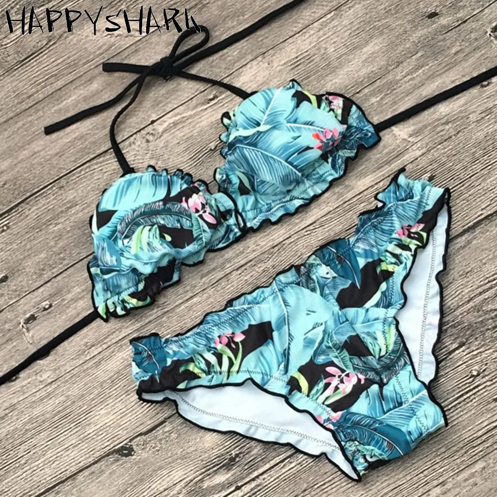 HAPPYSHARK 2018 Sexy Fold Edge Brazilian Bikinis Set Women Floral Printed Halter Trikini Biquinis Female Low Rise Swimwear |
