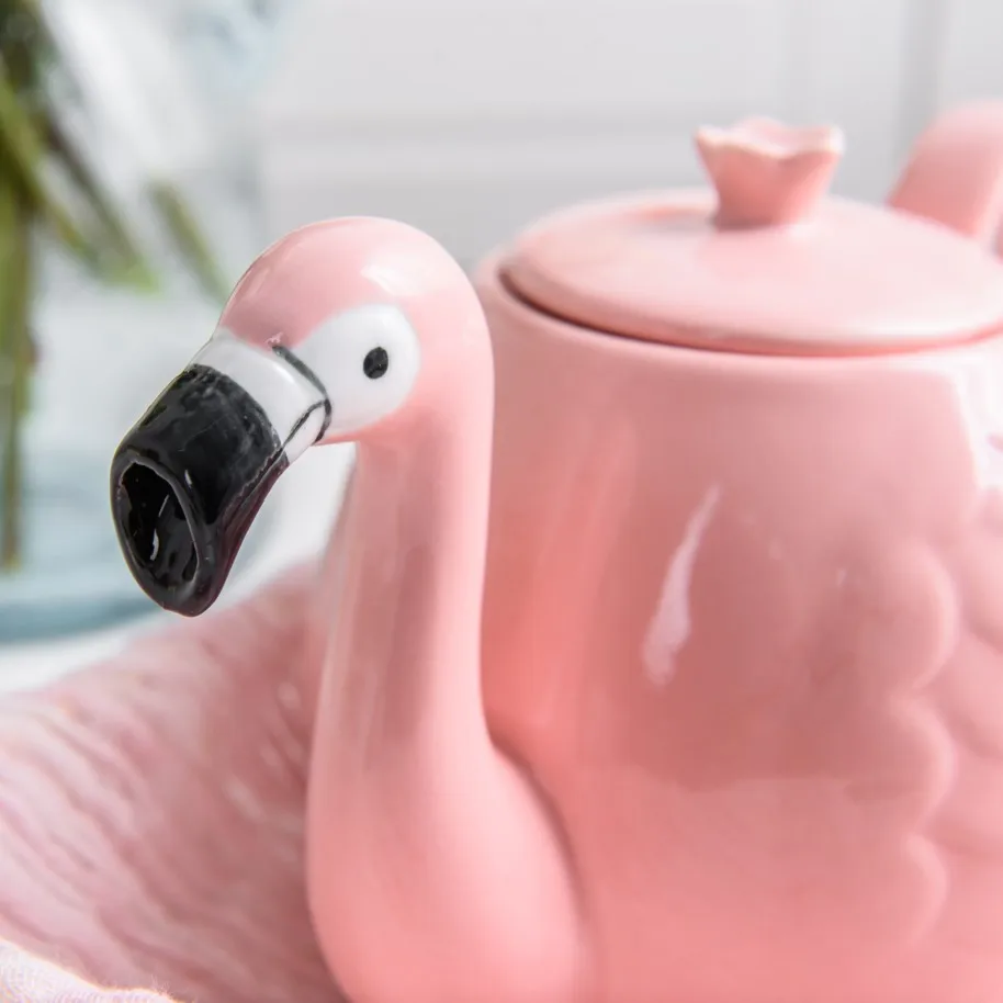 

3D Flamingo pink ceramic Tea Coffee Set in pot with mug for drink or gift