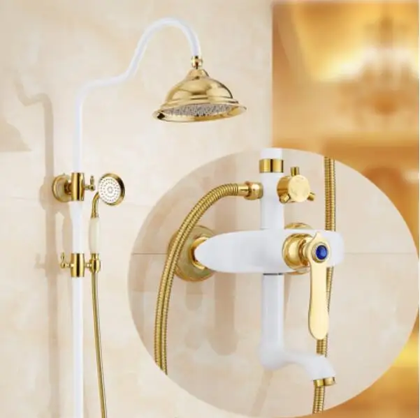 

Бесплатная доставка полированный Золотой & гриль белая краска для душа ванна кран Набор настенный «дождевой» смеситель для душа в ванную