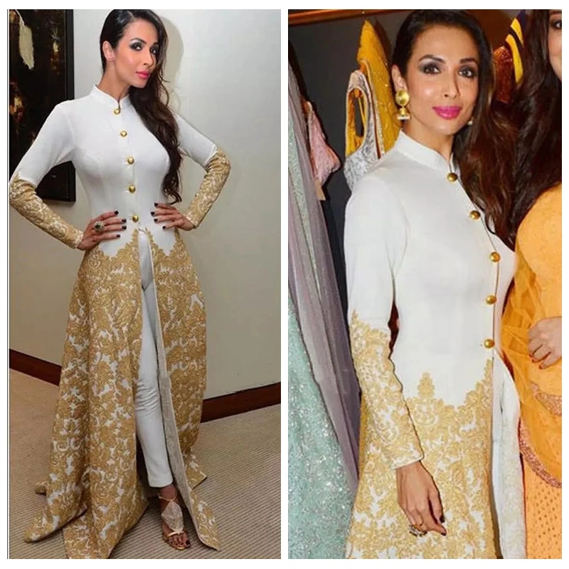 

2021 Evening Gowns Long Sleeves High Neck Caftan with Pants Gold Lace Appliques Malaika Arora Khan Arab Formal kaften Prom Gowns