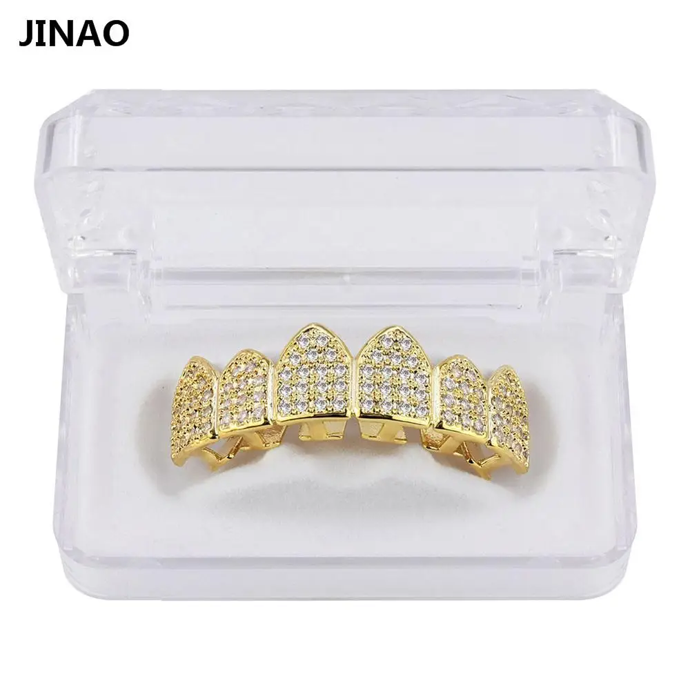 Jinao для хип-хопа зубы Grillz цвет чистого золота покрытием микро Pave CZ камни Топ и нижние грилзы Рот зубы комплект решеток корабль от нас - Окраска металла: Gold Top