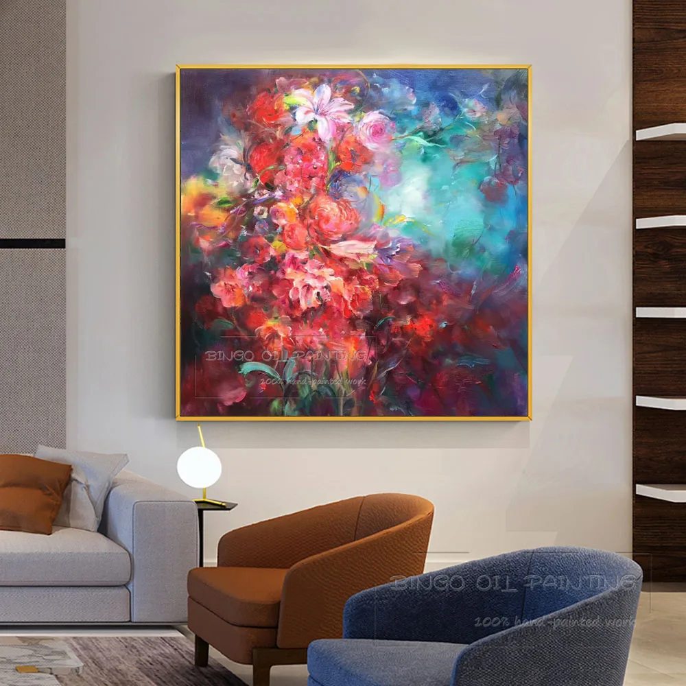 Профессиональная художественная роспись маслом модного изображения на стене "Необычные краски красоты" с абстрактными цветами.