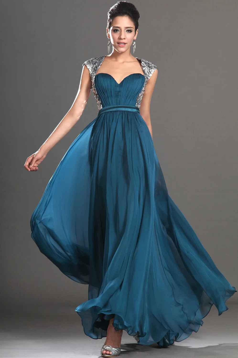 Custom Made Open Back Flowing Chiffon Long Silver Sequin Sexy Prom Dresses 2014 Evening Dress Party | Свадьбы и торжества