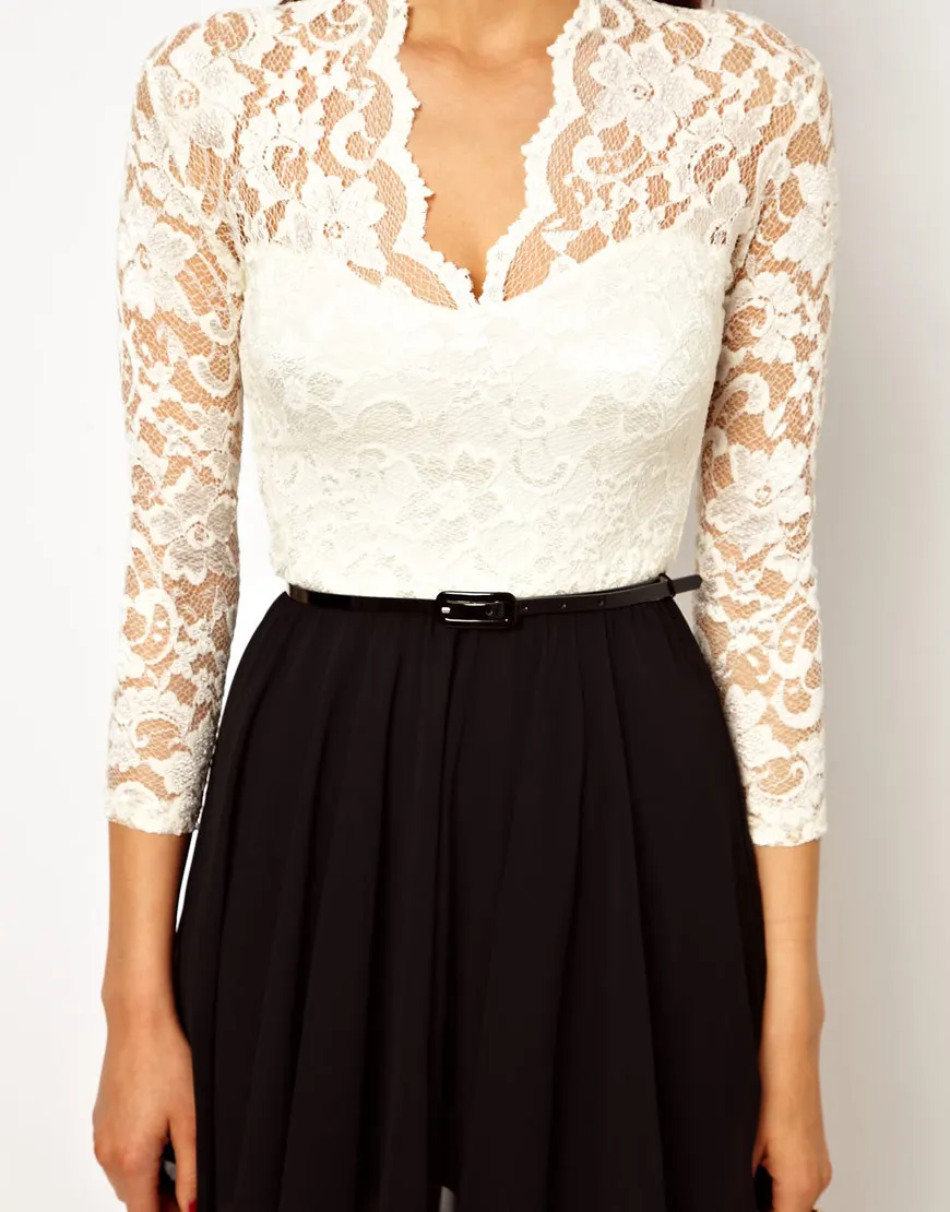 Женщины осень и весна черное белое три четверти рукав очаровательная поясом