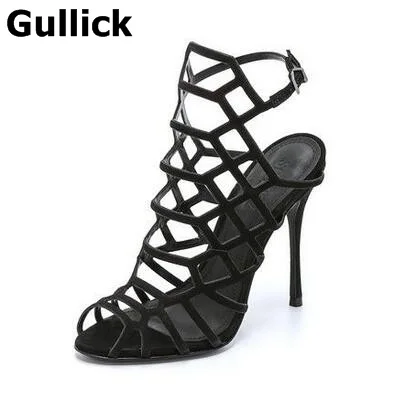 Летние модные женские босоножки Gullick с вырезами на высоком каблуке пряжкой