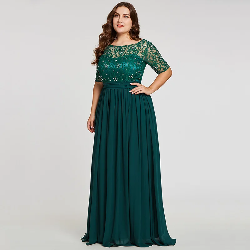 

Tanpell Plus Size Evening Dresses Hunter Scoop A Line Floor Length Dress Chiffon Half Sleeves Beaded Lace Long Evening Gown