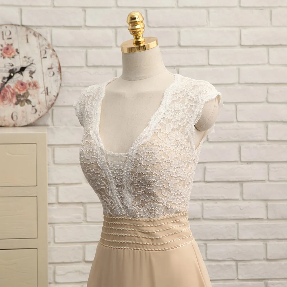 Шифоновое платье трапеция цвета шампанского с V образным вырезом|2017 prom dresses|prom
