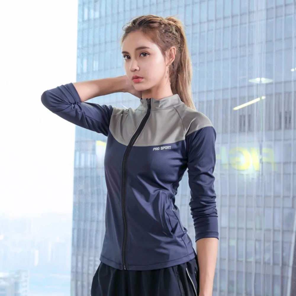 FE573 куртка для бега, Спортивная рубашка для женщин, куртка для йоги, тренировки, светоотражающая полоска на молнии, одежда для фитнеса, спортивная одежда для спортзала, Топ