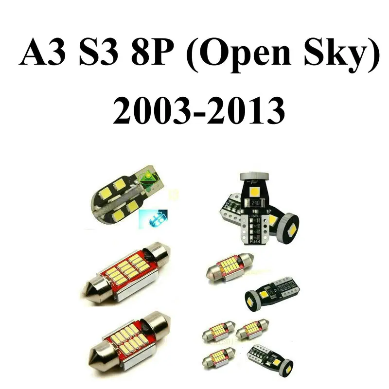 

LED Interior Car Lights For Audi A3 S3 8P Open Sky 2003-2013 Error Canceling Dome Reading Visor Door FootWell Trunk 10pc