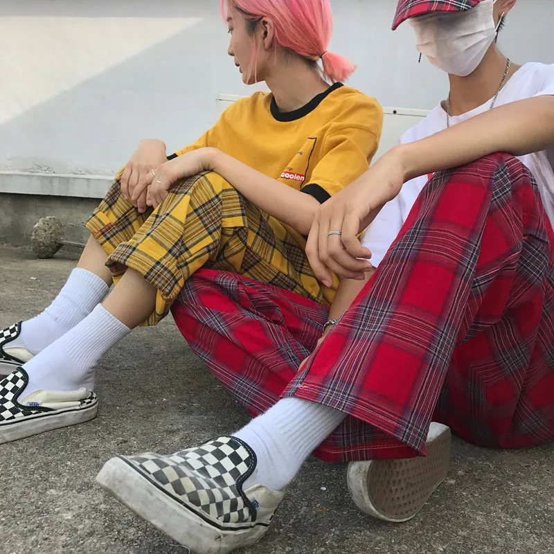 Женские брюки в Корейском стиле INS Harajuku свободные длинные клетку со средней