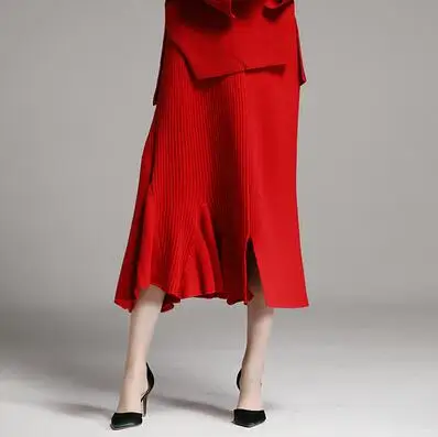 red skirt Женский красный/белый/черный костюм, королевская юбка+ свободный шерстяной Тренч+ вязаный свитер, топ, 3 предмета, элегантный женский костюм, женский M-XXL - Цвет: red skirt