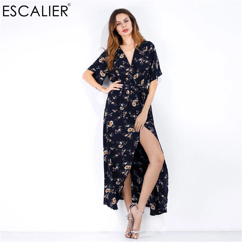 ESCALIER модное летнее платье с принтом, Женское Платье макси с оборками и открытыми плечами, сарафан с v-образным вырезом, богемное сексуальное пляжное платье