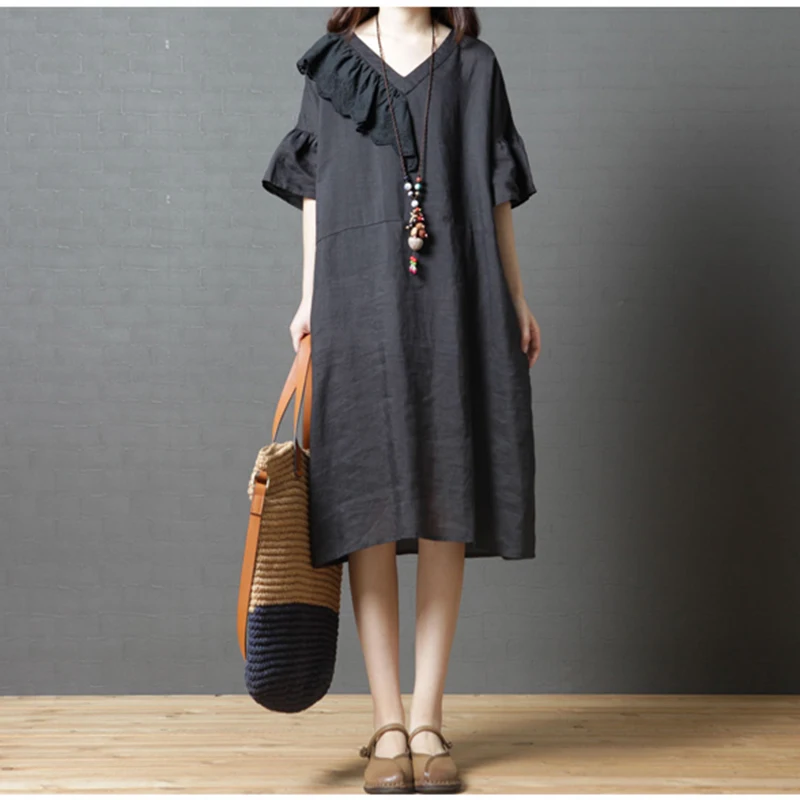

Loose Casual large size women's spring summer 2019 new Korean version of the art V-neck lotus leaf sleeves slim dress femalele42
