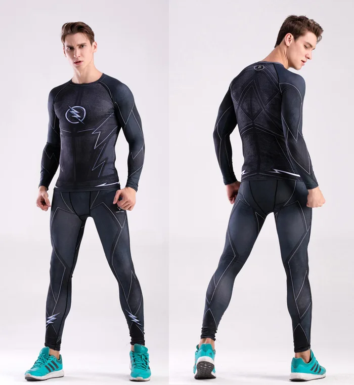 Мужские комплекты для фитнеса и бега с 3D принтом компрессионная рубашка длинным
