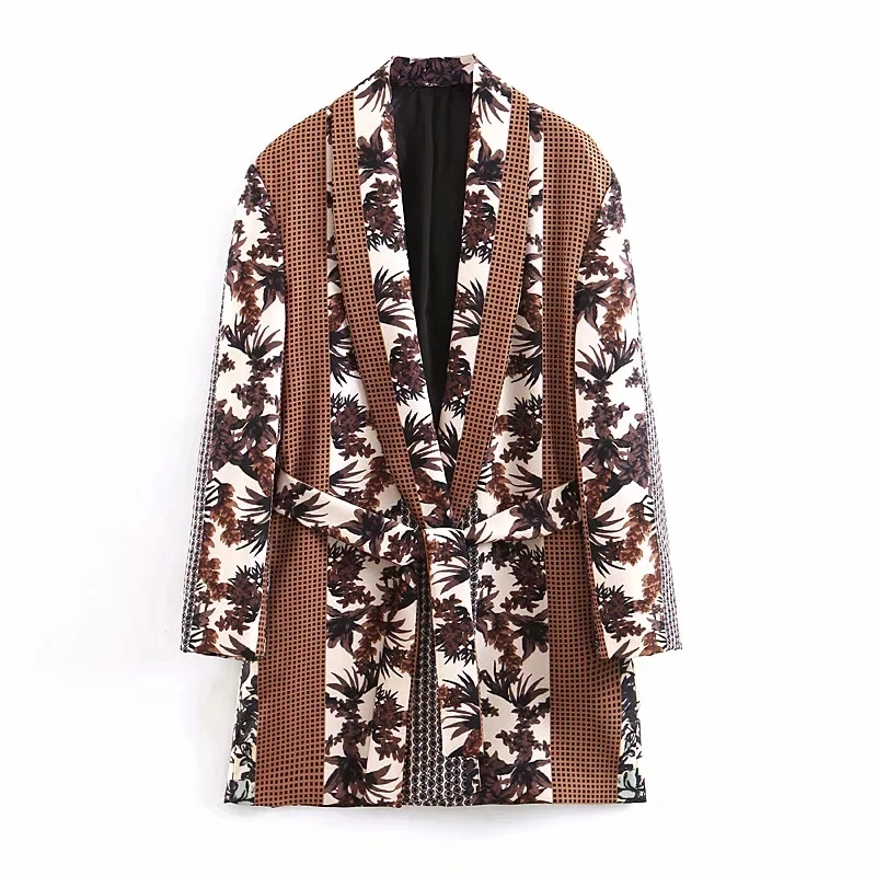 Klacwaya women vintage brown blazer with belt 2019 fashion ladies plaid-floral suits notched collar girls loose blazers chic set | Женская