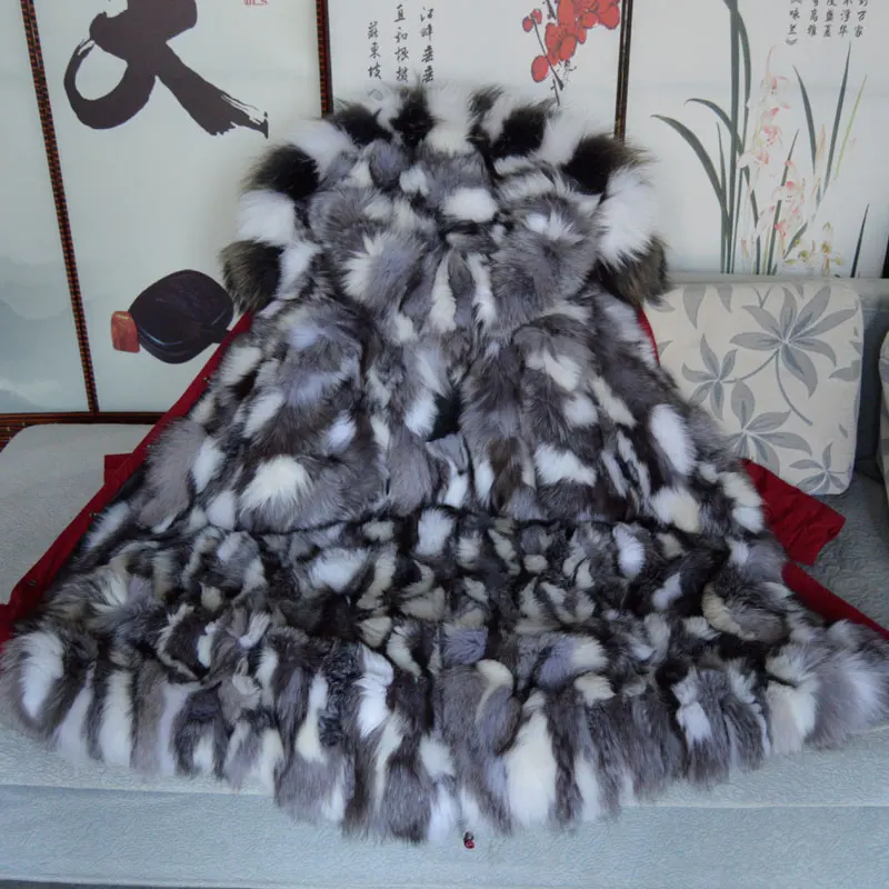 Long style Luxury real fox fur women parka coat black &amp white grey joint lining winter | Женская одежда