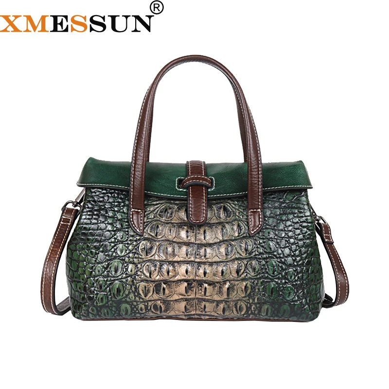 

XMESSUN 2021 Retro Genuine Leather Crocodile Pattern Handbag Women High quality Shoulder Messenger Bag Lady Travel Tote Bag H302