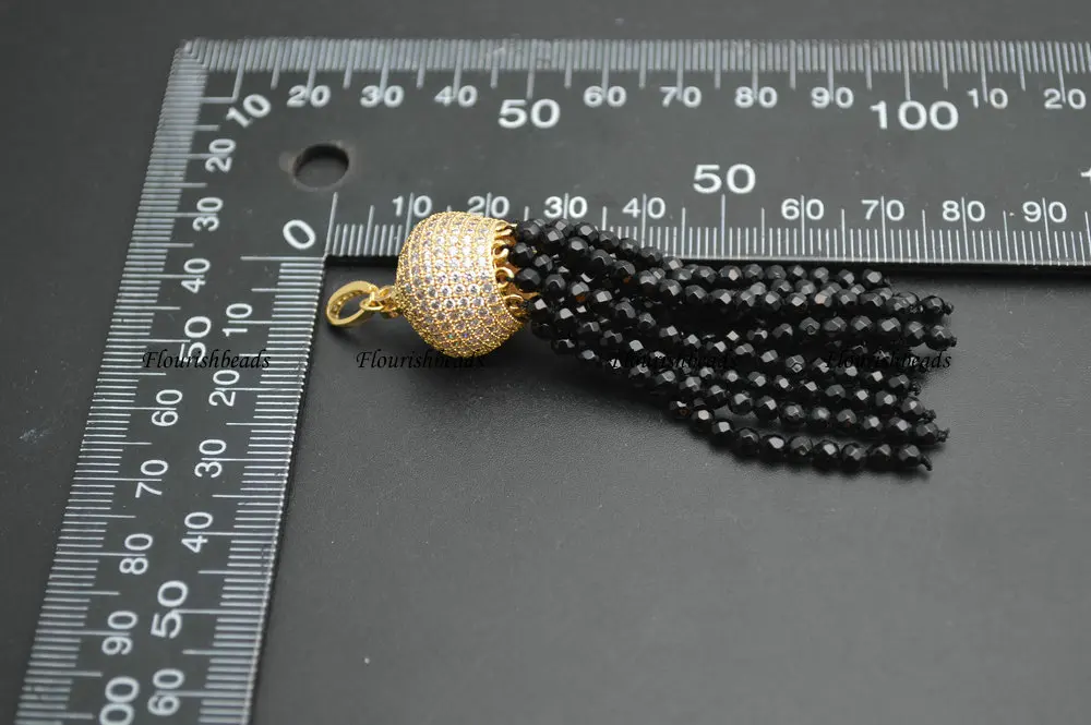 Paved CZ Beads Crown Metal Cap 3mm Faceted Black Onyx Agate Stone Round Tasssel Pendant Fit Fashion Necklace Making | Украшения и