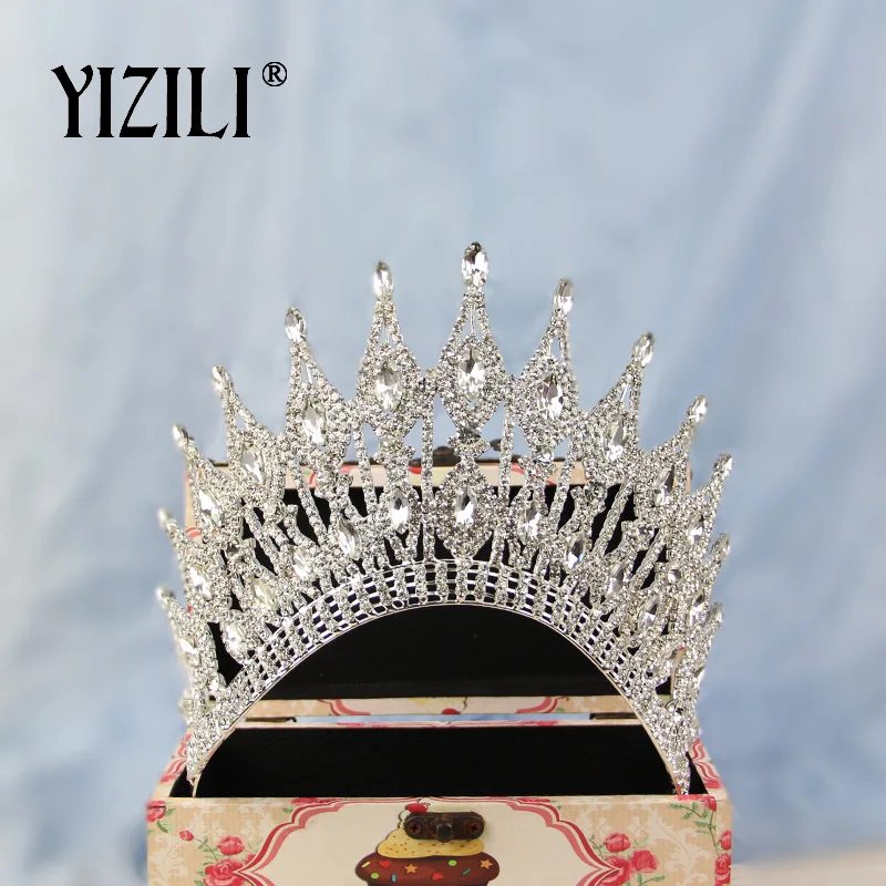 YIZILI, новинка, Роскошная большая Свадебная Корона невесты, стразы, великолепный кристалл, большая круглая Королевская корона, свадебные аксессуары для волос C070