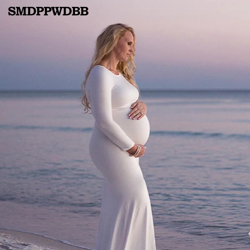 

SMDPPWDBB White Maternity Dress for Photo Shoot Maternity Gown Baby Shower Dress Long Sleeve Maxi Fitted Maternity Dress