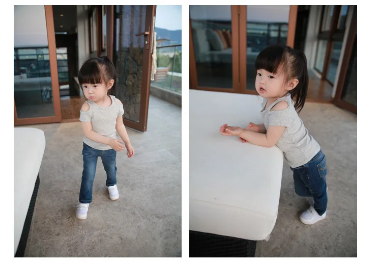 Новая одежда для маленьких девочек летние футболки футболка с открытыми плечами