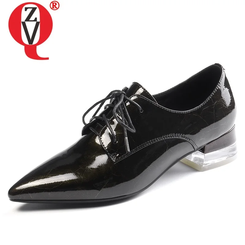 ZVQ woman shoes spring new concise casual patent leather pointed toe woman pumps outside mid heels cross-tied ladies shoes
