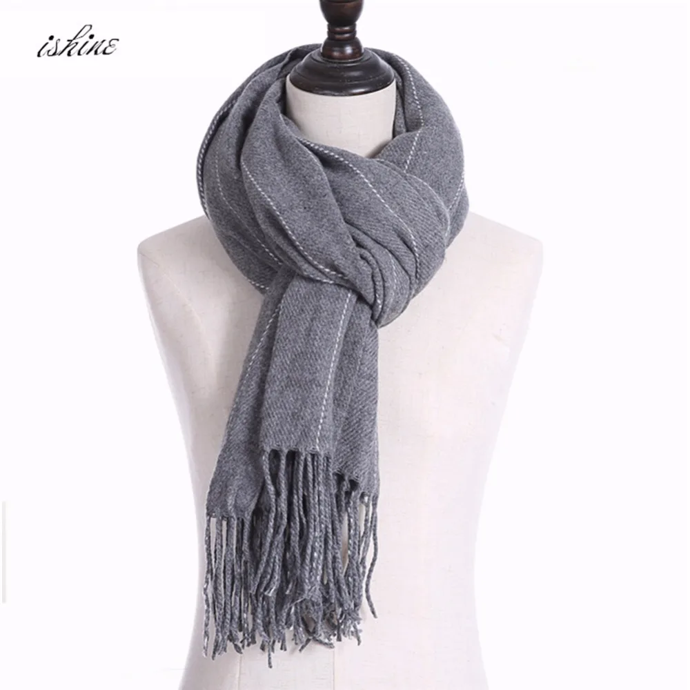 Дешевые унисекс полосы кисточкой шарф белый имитация кашемира утолщаются