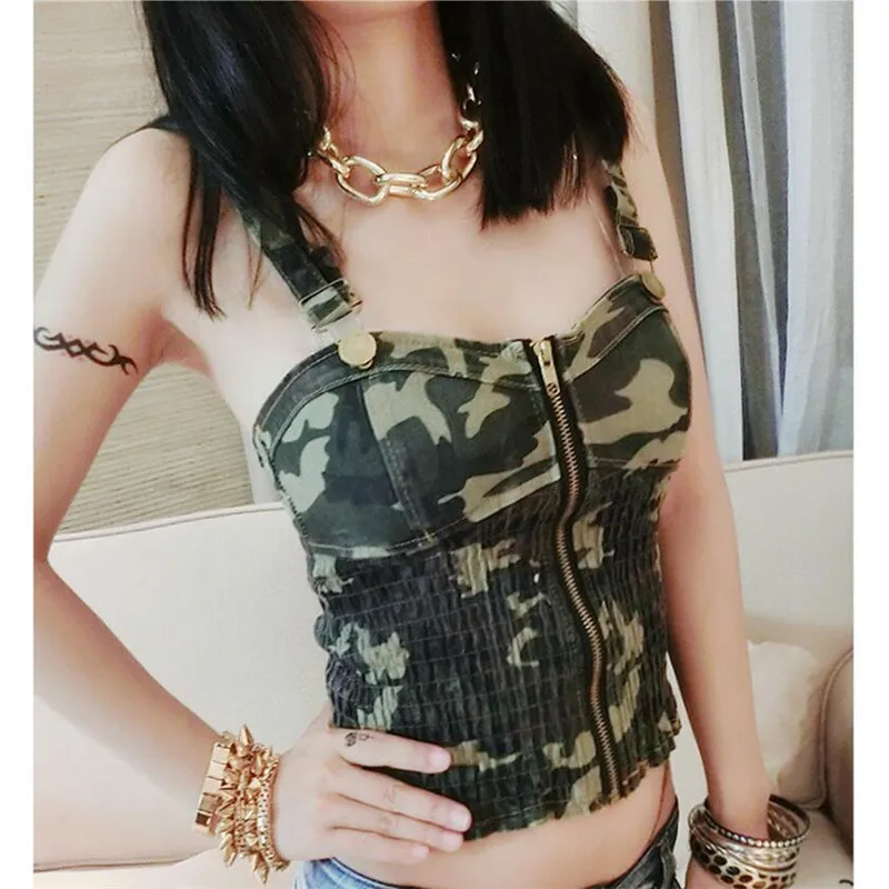 Женские модные сексуальные камуфляжные Рубашки, Топы без рукавов, укороченные ВИНТАЖНЫЕ джинсовые Стрейчевые рубашки на молнии, Женская Клубная одежда, горячая Распродажа