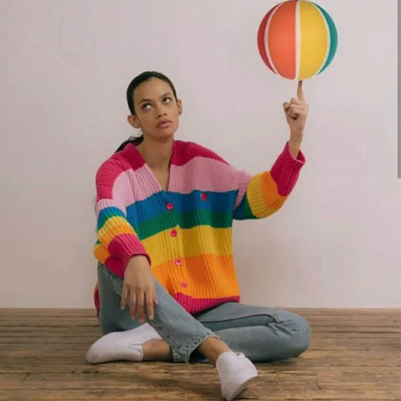 Женские кардиганы в радужную расцветку брендовые вязаные свитера полоску cws0028-5 |