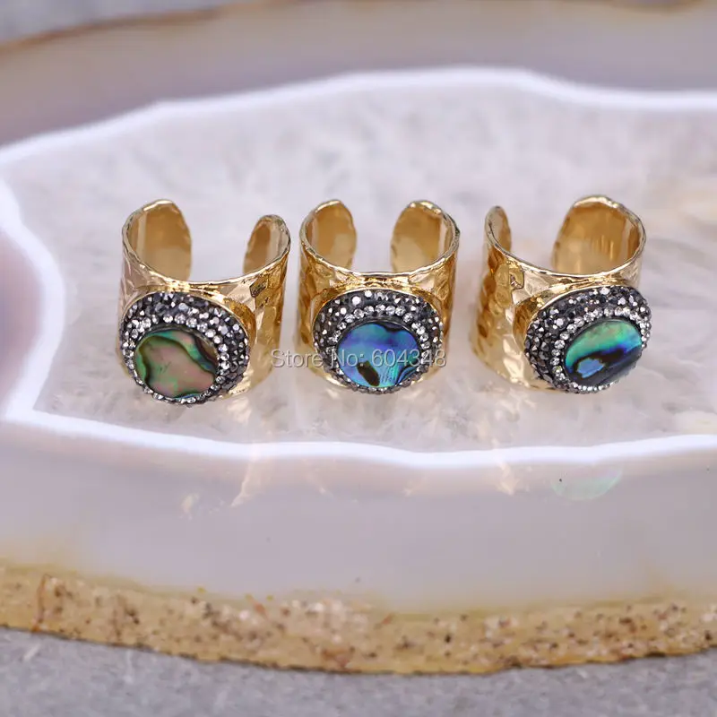 5 шт. широкие кольца золотого цвета с натуральным абалоновым покрытием и стразами