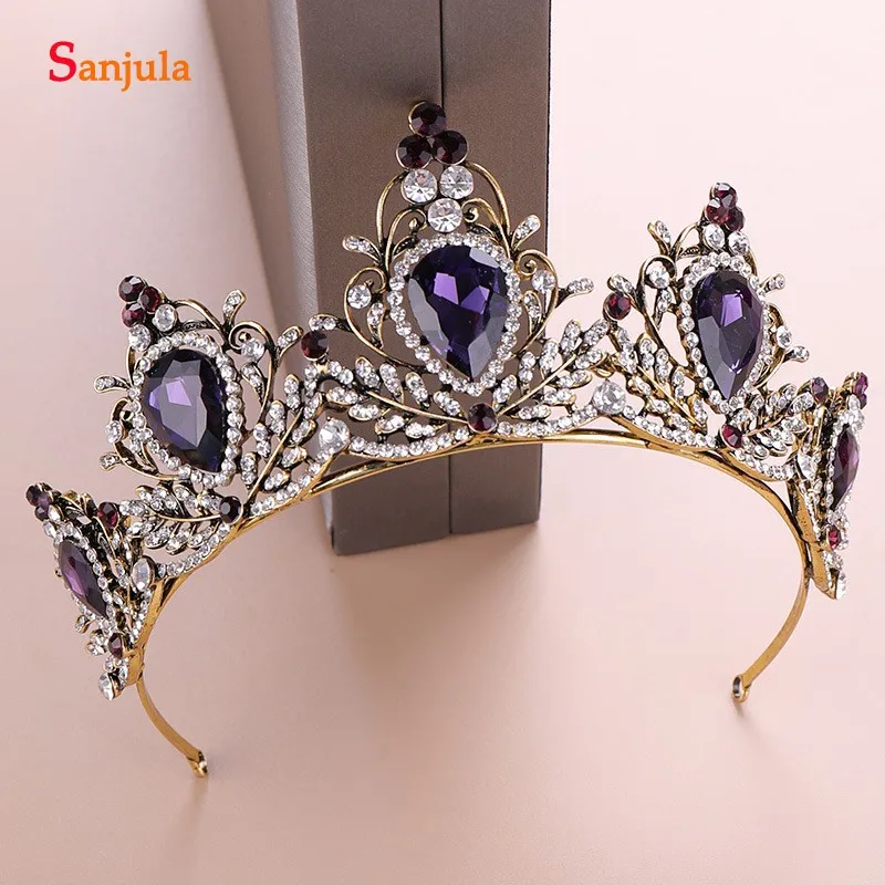 Золотые Свадебные короны с фиолетовыми стразами блестящие свадебные тиары