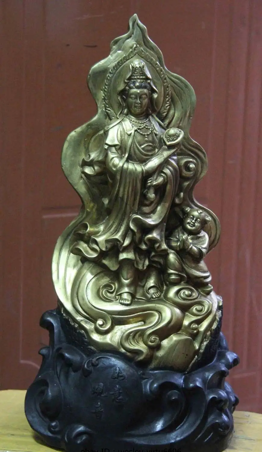Китайская Медь Бронза Guan Yin Kwan yin Bodhisattva Hold Ruyi статуя Будды ребенка|statues buddha|statue