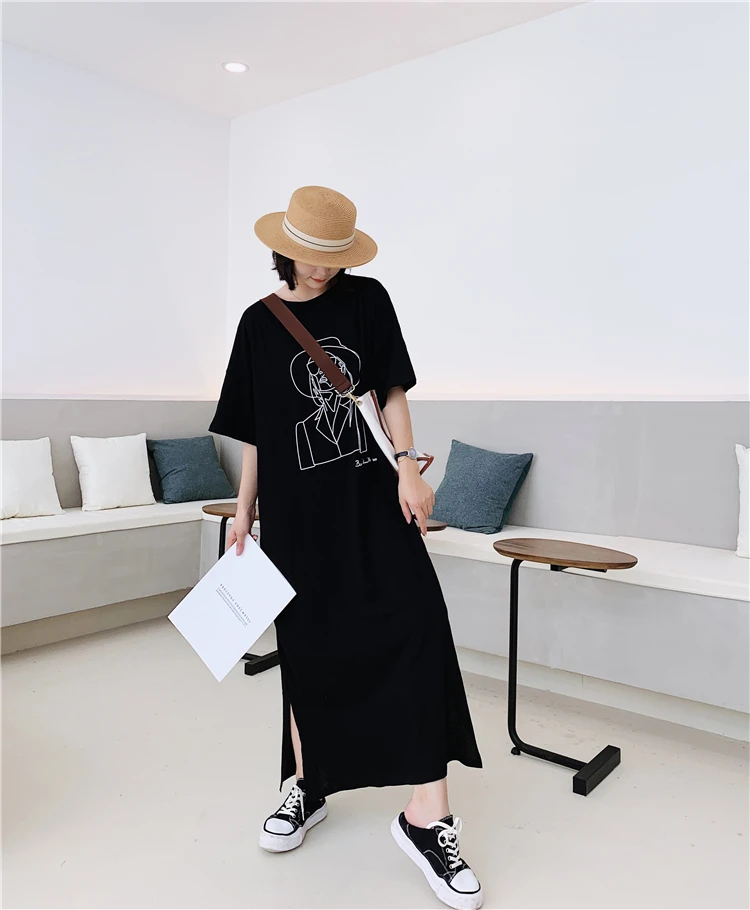 Fashion Cartoon Print Plus Size Summer Dress Cotton Casual O-Neck T-shirt Batwing Sleeve Women Dress Tops Vestidos De Fiesta