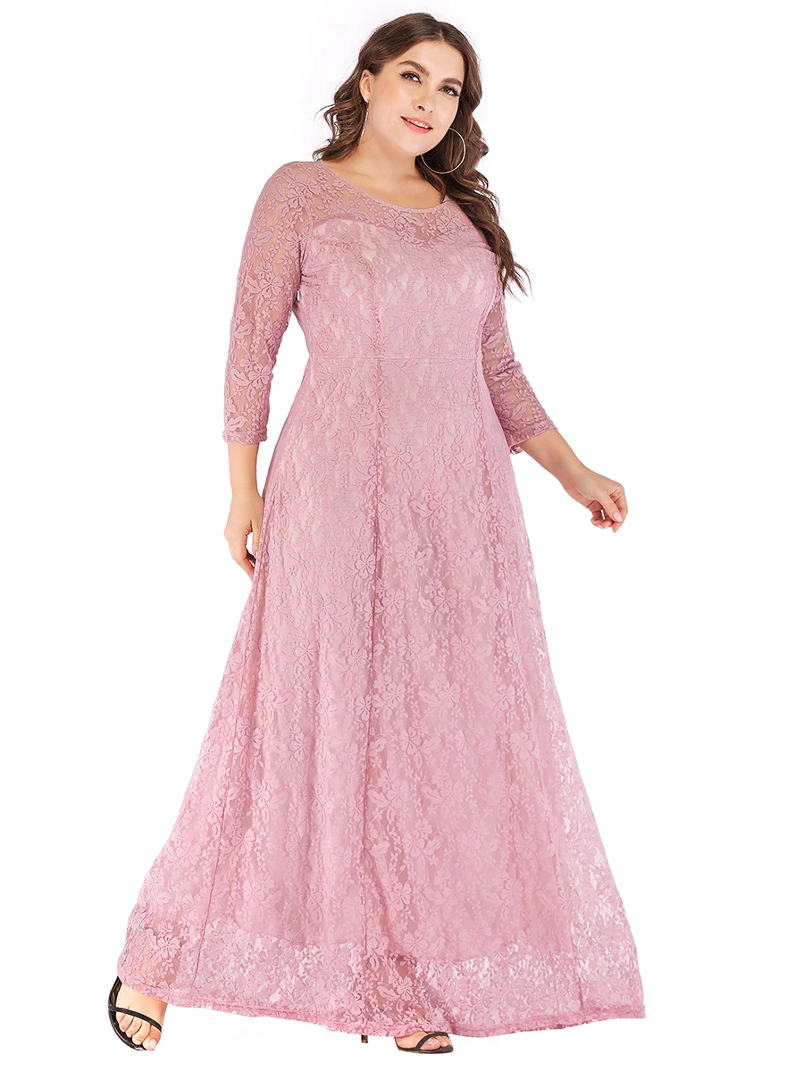luxury wedding party dresses Women Ladies 4xl 5xl 6xl Plus Size 3/4 Sleeve Lace floral hollow out Long Dress solid color Dresses