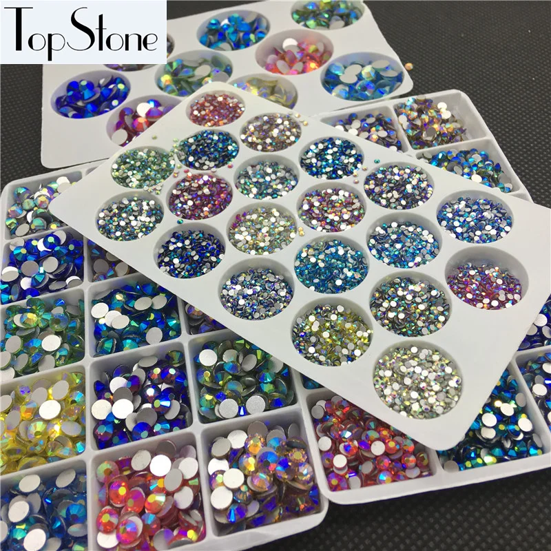 TopStone Mix colors AB цветные ss3-ss30 круглые стеклянные кристаллы с плоским основанием для