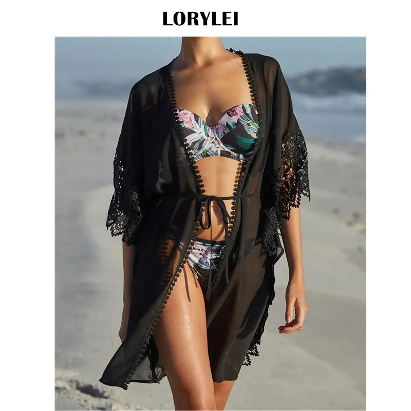 Сексуальное прозрачное черное кружевное бикини с кисточками накидка для пляжа