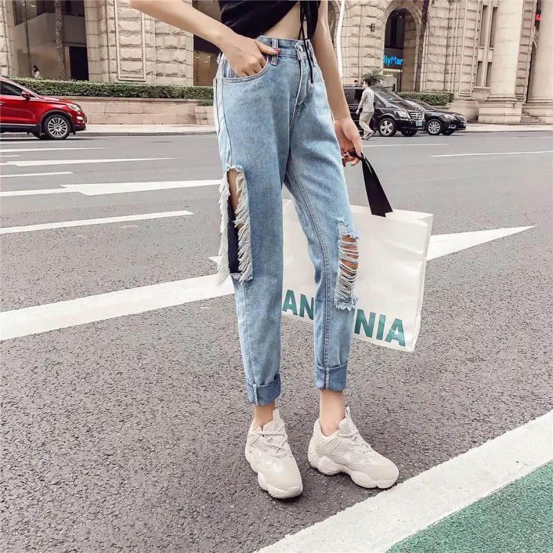 2019 Real Ankle Length Harem Pants High Waist Jeans Woman Zippers Button Fly Hole Pockets Vintage Softener Casual Loose Cotton 