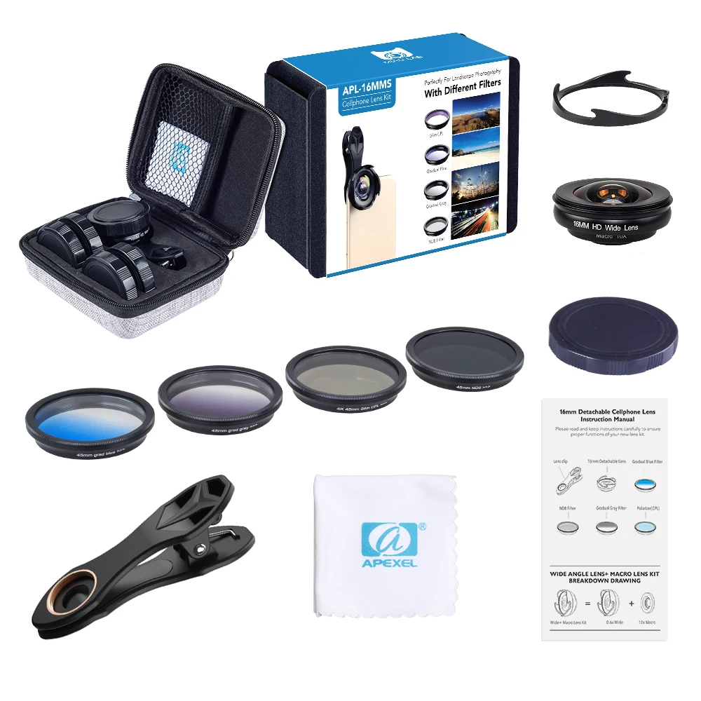 APEXEL all in all phone camera lens kit Профессиональный широкоугольный/макро объектив с grad фильтром CPL ND фильтр для iphone andriod телефонов