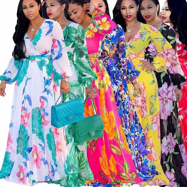 Шифоновое длинное платье с принтом женское длинным рукавом v образным вырезом